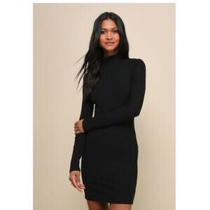 Lulus Dashing Black Ribbed Mock Neck Bodycon Mini Dress | Large | NWT